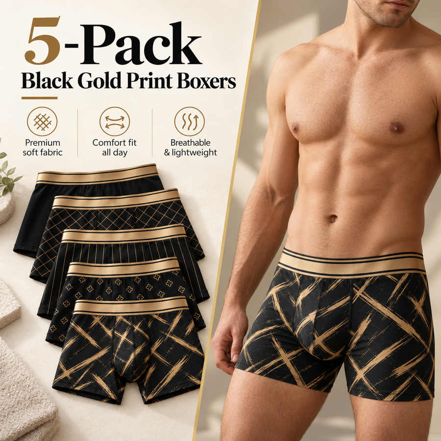 5-Pack Black Gold Print Boxers