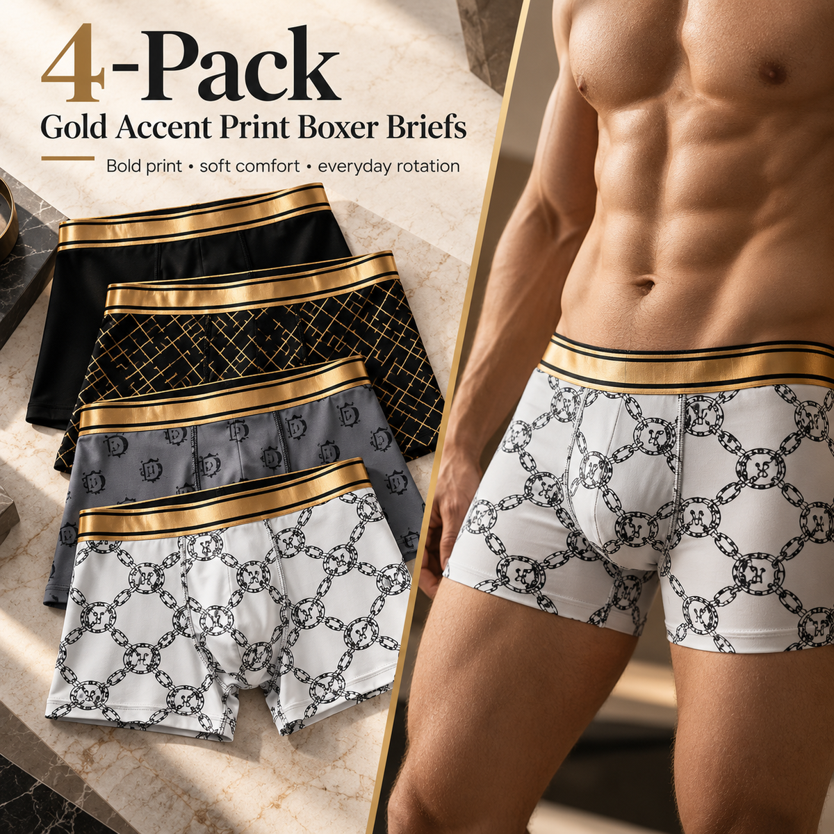 4-Pack Gold Accent Print Boxer Briefs