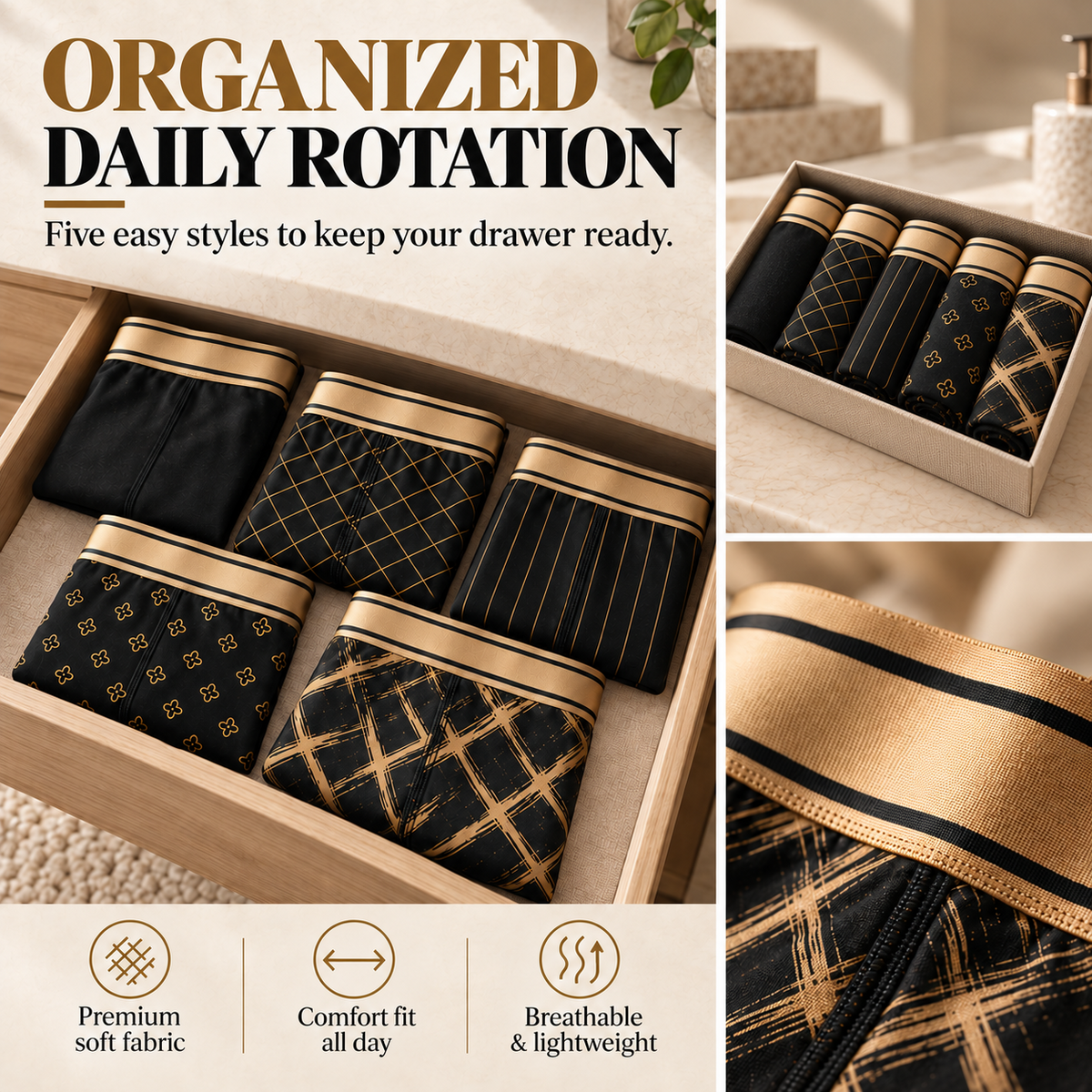 Organized daily rotation 5-pack boxer briefs