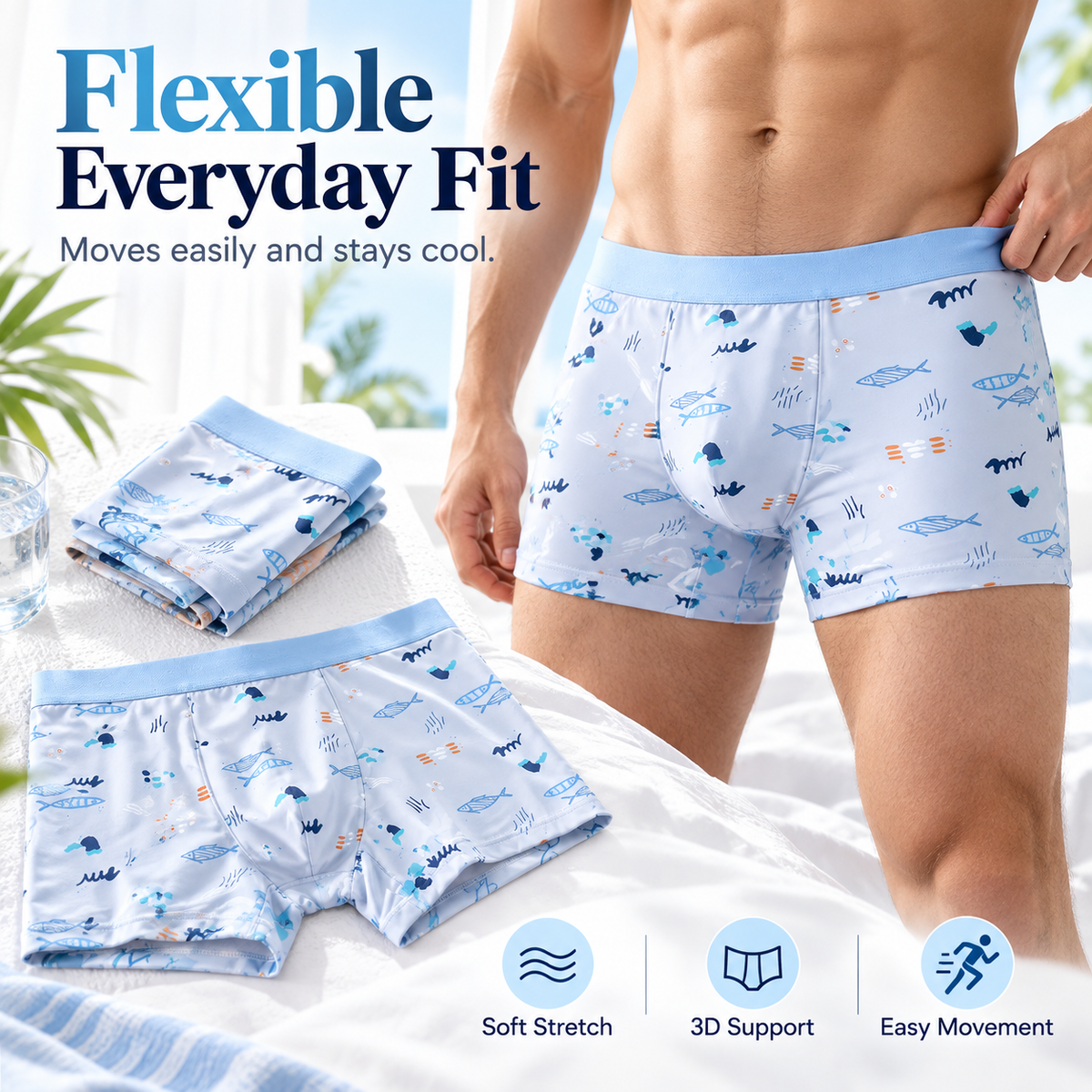 Flexible everyday fit ice-silk boxer briefs
