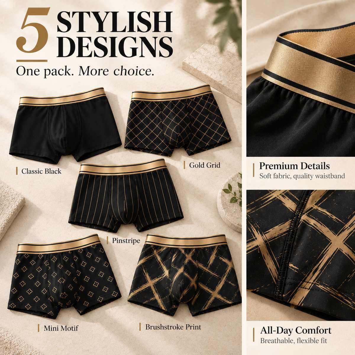 Five stylish black gold boxer designs