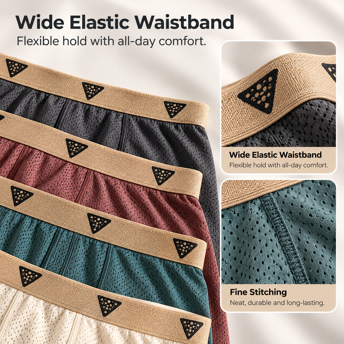 Wide elastic waistband and fine stitching