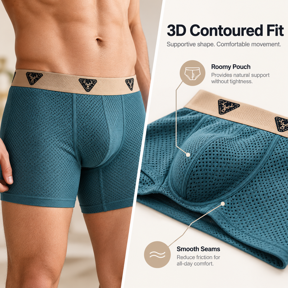 3D contoured fit and supportive pouch