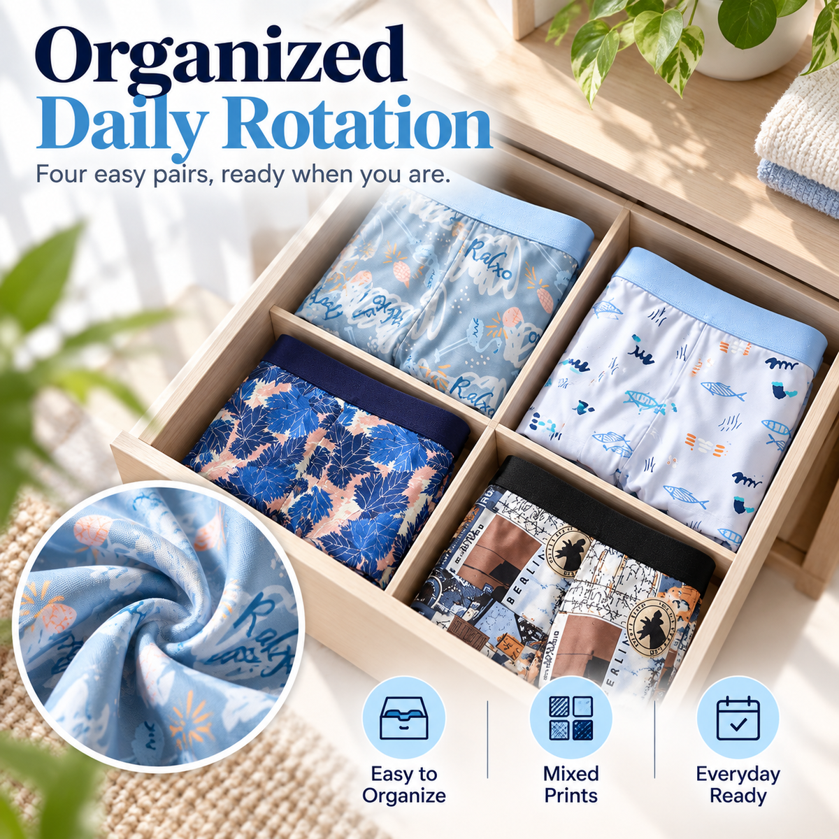 Organized daily rotation of four boxer briefs