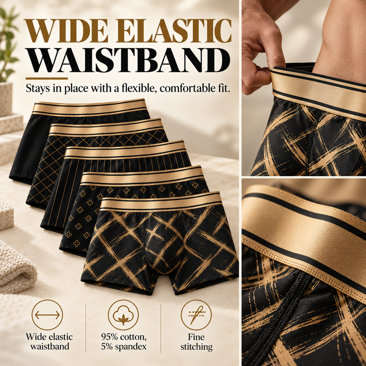 Wide elastic waistband boxer briefs
