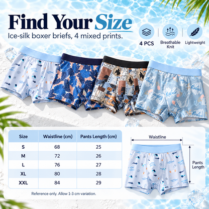 Size guide for 4-pack ice-silk boxer briefs