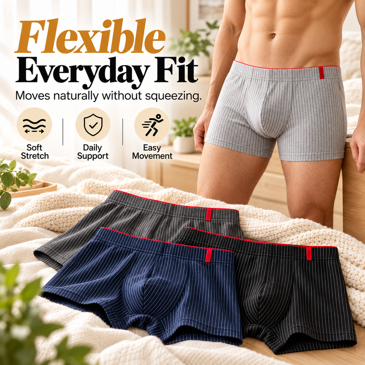 4 Pieces of Men's Boxer Underwear Soft, Breathable and Comfortable Men's Briefs Striped Trendy Personality Casual Loose Boxers