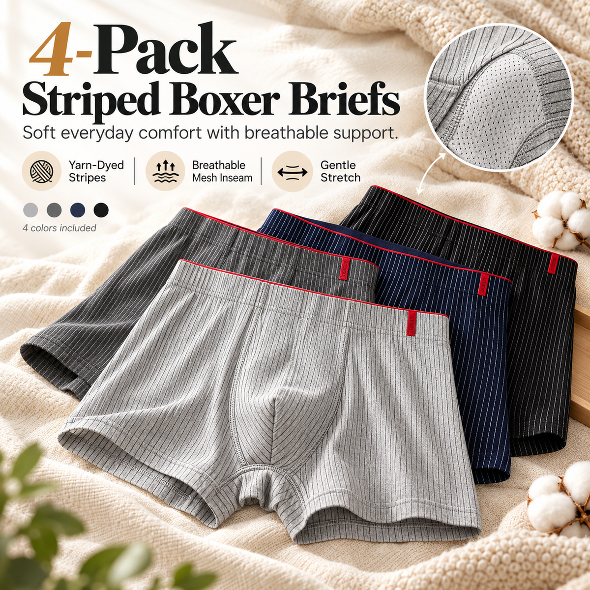 4 Pieces of Men's Boxer Underwear Soft, Breathable and Comfortable Men's Briefs Striped Trendy Personality Casual Loose Boxers