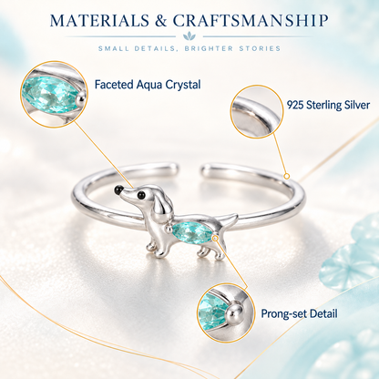 Magnified aqua crystal facets, thin sterling silver band and prong setting on the Dachshund Crystal Adjustable Ring